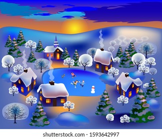 Vector illustration of a christmas landscape. Children play and ride on a skating rink, a smoke swirls over beautiful houses. Trees strewn with snow