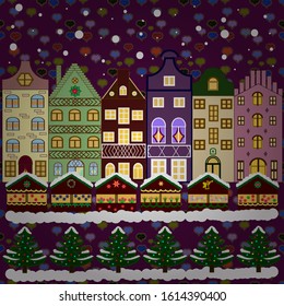 Vector illustration. Christmas landscape flat. Greeting card.