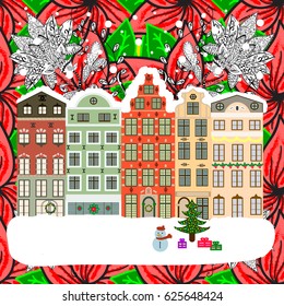 Vector illustration. Christmas landscape flat. Greeting card.