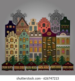 Vector illustration. Christmas landscape flat. Greeting card.