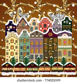 Vector illustration. Christmas landscape flat. Greeting card.