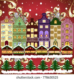 Vector illustration. Christmas landscape flat. Greeting card.