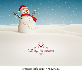 Vector Illustration of a Christmas Landscape with Snowman