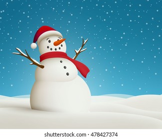 Vector Illustration of a Christmas Landscape with Snowman