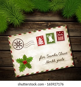 Vector illustration for Christmas letter to Santa Claus on a wooden background