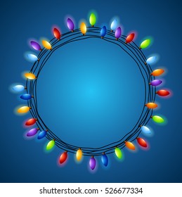 Vector illustration of Christmas light frame on a blue background