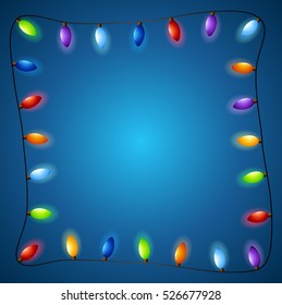 Vector illustration of Christmas lights frame on a blue background