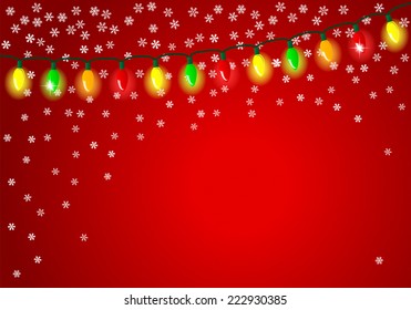 vector illustration of christmas lights on red background with space for text
