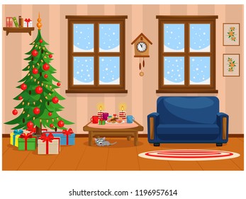 Vector illustration of Christmas living room with Christmas tree, gifts, sofa, table with treats and snow-covered window.
