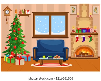 Vector illustration of Christmas living room with Christmas tree, gifts, sofa, table with treats, snow-covered window and fireplace.