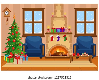 Vector illustration of Christmas living room with Christmas tree, gifts, chair, table with treats, snow-covered window and fireplace.