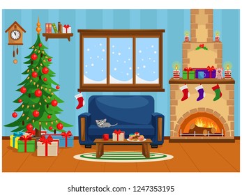 Vector illustration of Christmas living room with Christmas tree, gifts, sofa, table with treats, snow-covered window and fireplace.