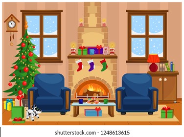 Vector illustration of Christmas living room with Christmas tree, gifts, chair, table with treats, snow-covered window and fireplace. An unexpected gift, dog robot.
