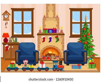 Vector illustration of Christmas living room with Christmas tree, gifts, chairs, toy railway, table with treats and snow-covered window.