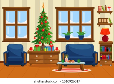 Vector illustration of Christmas living room with Christmas tree, gifts, sofa, table with treats and snow-covered window.