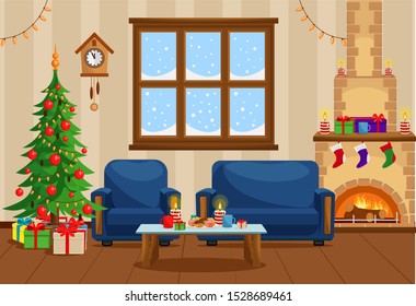 Vector illustration of Christmas living room with Christmas tree, gifts, chair, table with treats, snow-covered window and fireplace.
