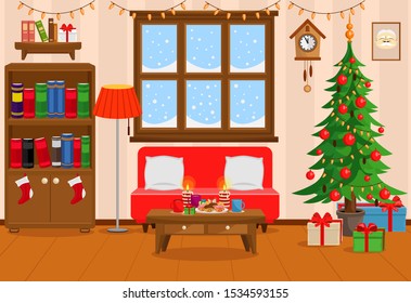 Vector illustration of Christmas living room with Christmas tree, gifts, table with treats and snow-covered window.