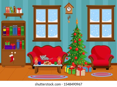 Vector illustration of Christmas living room with Christmas tree, gifts, sofa, table with treats and snow-covered window.