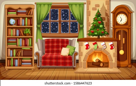 Vector illustration of a Christmas living room with fireplace, sofa, bookcase, clock and fir-tree.