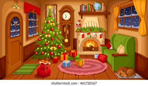 Vector illustration of Christmas living room with sofa, fireplace, clock and fir-tree.