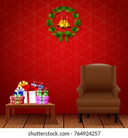 Vector Illustration Of Christmas Living Room With Armchair And Presents On The Table