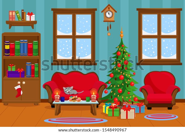 Download Vector Illustration Christmas Living Room Christmas Stock Vector Royalty Free 1548490967 PSD Mockup Templates