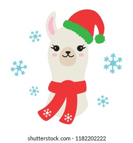 Vector illustration of Christmas llama or alpaca wearing Santa Claus hat and winter scarf with snowflakes.