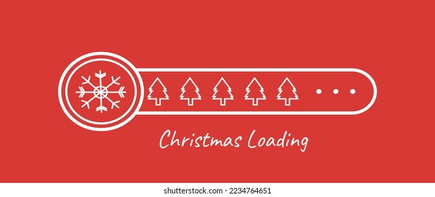 Ilustración vectorial de la barra de carga de navidad con copos de nieve y árbol de navidad con contorno blanco aislado en el fondo rojo.