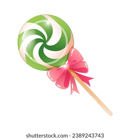 Vector illustration of Christmas lollipop on a stick with a bow in cartoon style