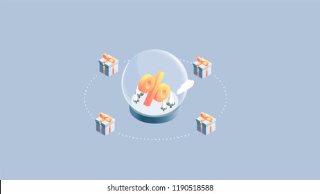 Vector illustration. Christmas mailing list. New Year's newsletter. Offers for the New Year holidays. Vector illustration with gift box, packet, isometric design. Online shopping. 