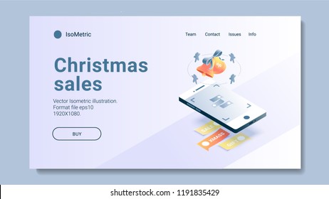 Vector illustration. Christmas mailing list. New Year's newsletter. Offers for the New Year holidays. Vector illustration with gift box, packet, isometric design. Online shopping.  Isometric