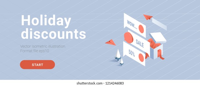 Vector illustration. Christmas mailing list. New Year's newsletter. Offers for the New Year holidays. Vector illustration with gift box, packet, isometric design. Online shopping. 