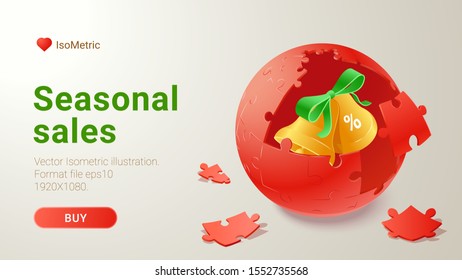 Vector illustration. Christmas mailing list. New Year's newsletter. Offers for the New Year holidays. Vector illustration with gift box, packet, isometric design. Online shopping.  Isometric