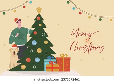 Vector illustration of christmas man and a golden retriever