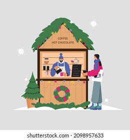 Vector illustration of a christmas market kiosk with hot drinks and mulled wine. Girl buying hot drink. Flat vector illustration