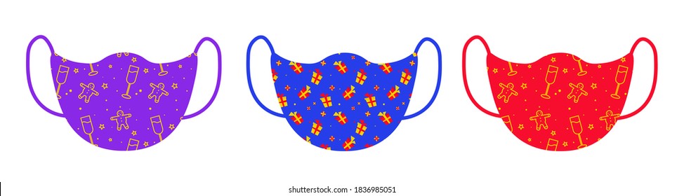 vector illustration - christmas medical mask.Coronavirus protective mask with holiday pattern and ornament.Safe antibacterial carnival costume.The concept of holidays during a pandemic