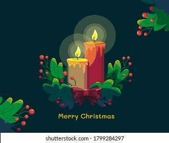 vector illustration of Christmas mood and happy new year / the holiday card with next of Merry Christmas and nativity graphics design elements: candles, trees, mistletoe. Dark colours, warm light