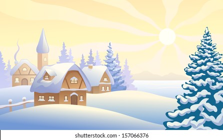 Vector illustration of a Christmas morning village