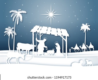 Vector Illustration of a Christmas Nativity scene with Magi and shepherds white silhouettes with soft shadows.