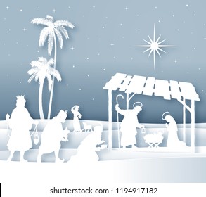 Vector Illustration of a Christmas Nativity scene with Magi and shepherds white silhouettes with soft shadows.
