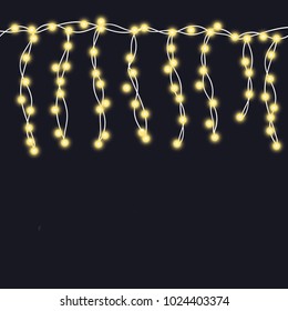 Vector illustration of Christmas, New Year lights isolated on background. Set of color string garlands. Realistic party decorations with transparency. Glowing light for holiday greeting card design. 