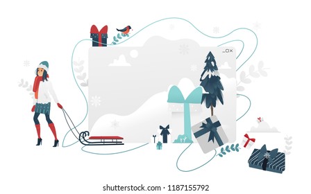 Vector illustration of Christmas and New Year banner with copy space isolated on white background - cartoon gradient woman walking with sleigh near snowy fir-tree and gift boxes.