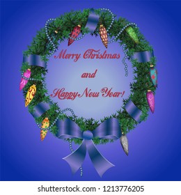 vector illustration Christmas and new year wreath braided ribbon with bows Christmas toys and beads background isolated