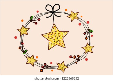 Vector illustration for Christmas and New year cards, gift tags and labels. Festive wreath of bunch of berries with stars, golden glitter on pink background. New Year party posters, website headers.