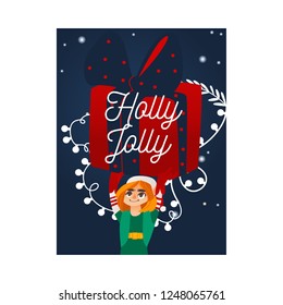 Vector illustration of Christmas and New Year congratulation card or banner with cute elf in green costume holding big wrapped gift box over his head on background of snowflakes and lights.