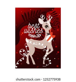 Vector illustration of Christmas and New Year congratulation card or banner with cute reindeer holding wrapped gift box for red ribbon on background with decorative lights.