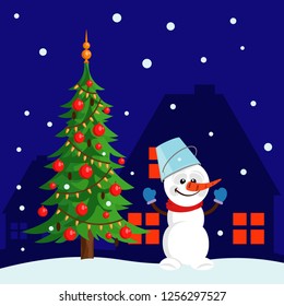 Vector illustration of Christmas and new year celebration. A snowman and a decorated Christmas tree.
