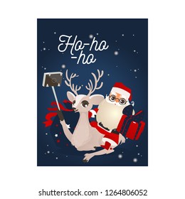 Vector illustration of Christmas and New Year congratulation card with smiling reindeer and Santa Claus with wrapped gift box making selfie using mobile phone and selfie-stick in flat cartoon style.