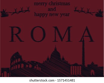 Vector illustration of Christmas and new year Blue Skatch Cityscape Silhouette Postcard of Rome on red background