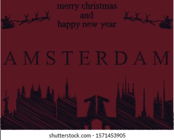 Vector illustration of Christmas and new year Blue Skatch Cityscape Silhouette Postcard of Amsterdam on red background
